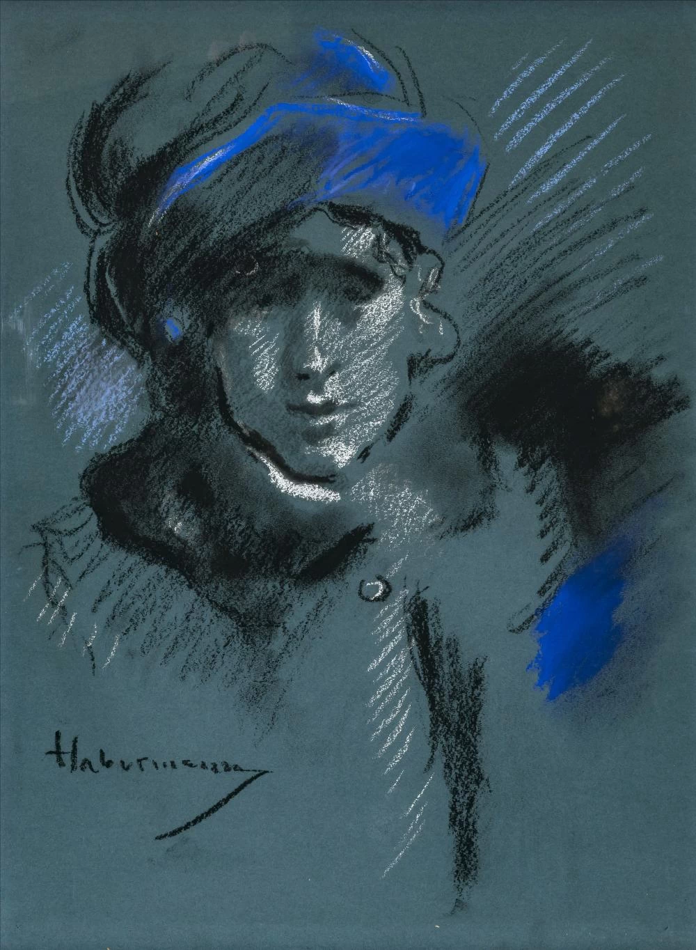 Hugo von Habermann - Signora con cappello blu
